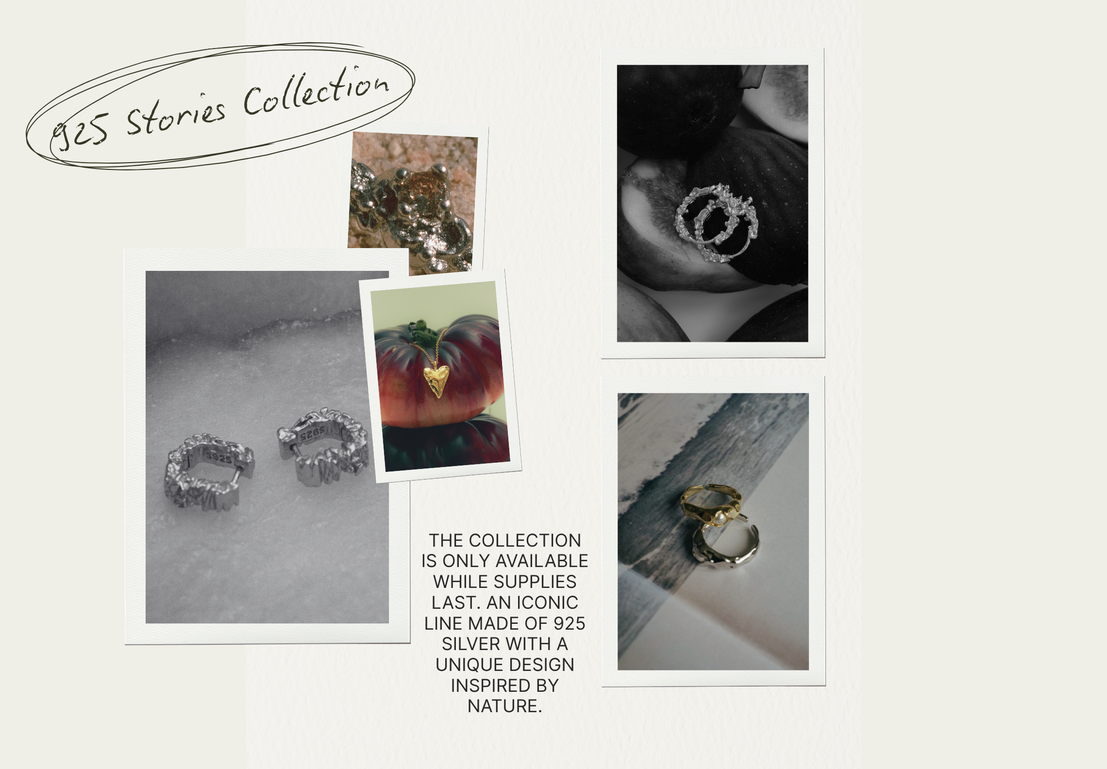 Banner of the 925 Stories collection by Martina Smira Jewelry. The images feature gold and silver jewelry made of 925 sterling silver with a natural texture — rings, earrings, and pendants. The collection is limited, inspired by nature, and available only while stocks last.