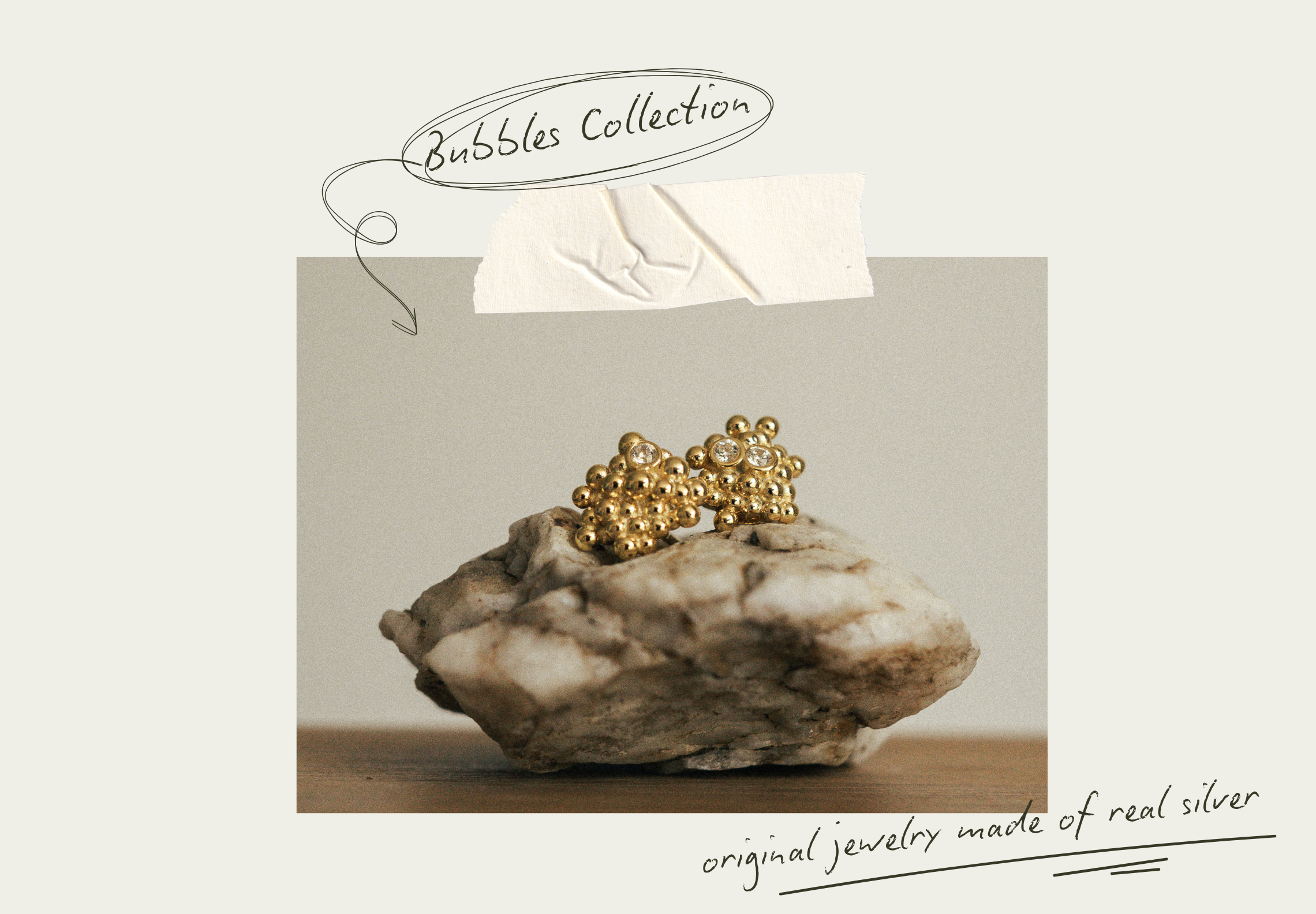 Banner of the Bubbles collection by Martina Smira Jewelry. The photo shows gold-plated sterling silver earrings placed on a stone. The Bubbles collection features original, handcrafted jewelry inspired by the texture of bubbles — made of genuine silver with a distinctive design.